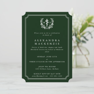 Green MD Asclepius + Laurel Wreath Graduation Invitation