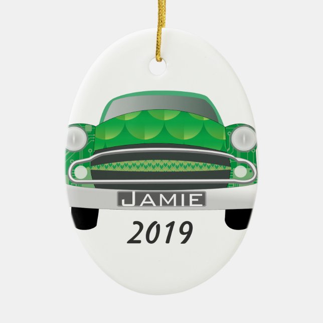 Green Mean Retro Car Boy's Birthday Ceramic Ornament (Front)