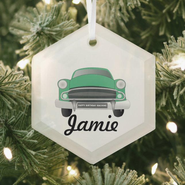 Green Mean Retro Car Boy's Birthday Glass Ornament (Insitu)