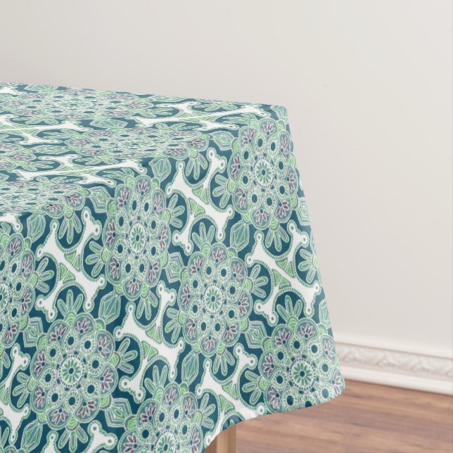 Green Medallion print Table Coth Tablecloth (In Situ)