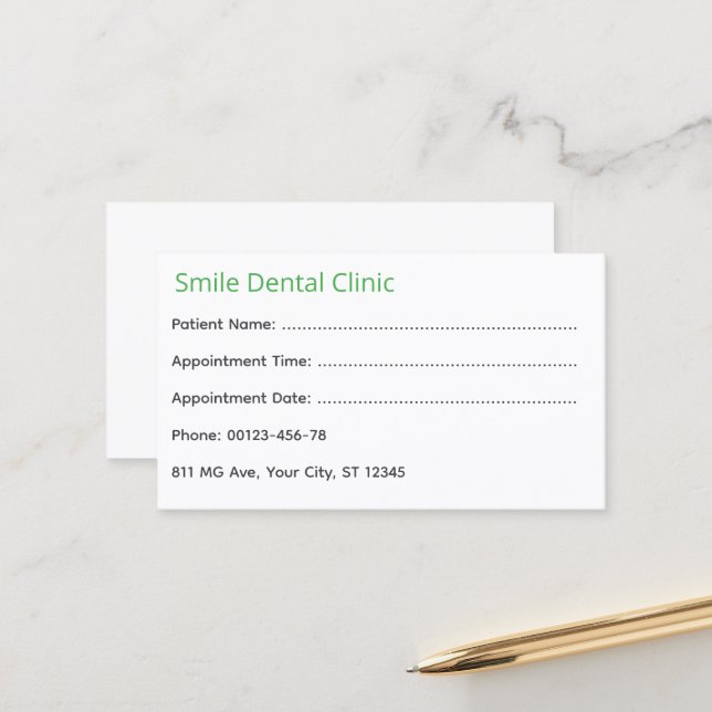 Green Medical Dental Appointment Card (Front/Back In Situ)