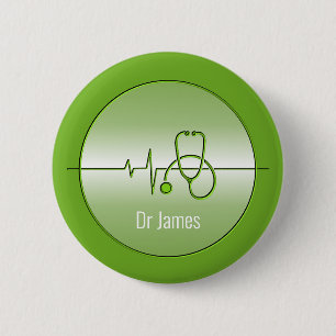 Green Medical Stethoscope Heartbeat 2 Inch Round Button