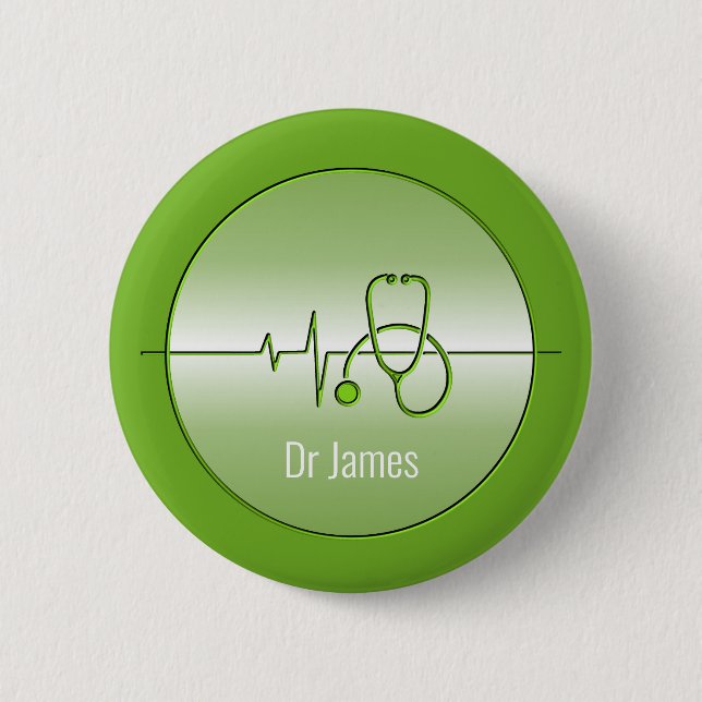 Green Medical Stethoscope Heartbeat 2 Inch Round Button (Front)