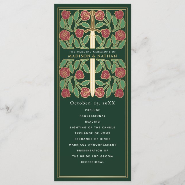 Green Medieval Gold Floral Sword Royal Wedding Program (Front)