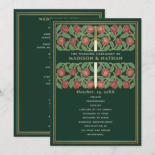 Green Medieval Gold Floral Sword Royal Wedding Program