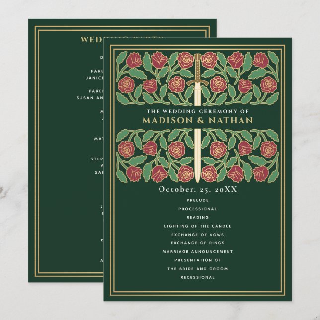 Green Medieval Gold Floral Sword Royal Wedding Program (Front/Back)