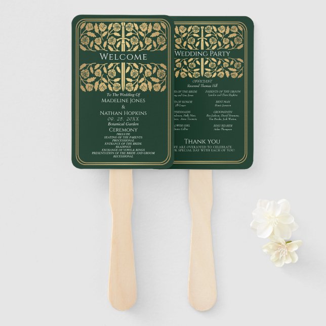 Green Medieval Gold Sword Royal Wedding Program Hand Fan (Front and Back)