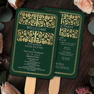 Green Medieval Gold Sword Royal Wedding Program Hand Fan