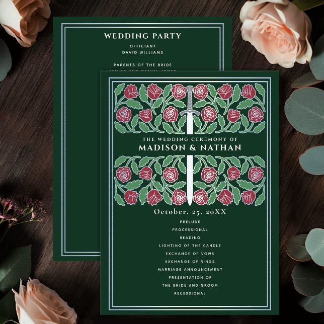Green Medieval Silver Floral Sword Royal Wedding Program (Creator Uploaded)