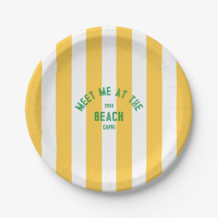 Green Meet Me At The Beach Yellow Stripe Paper Plate