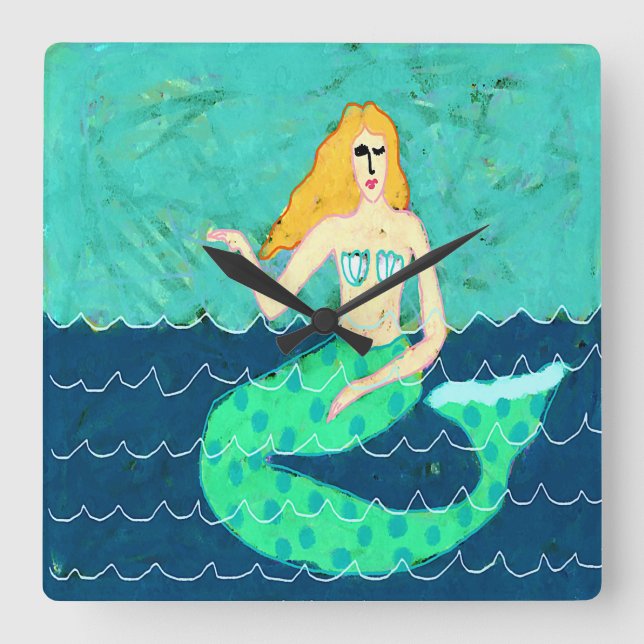 Green Mermaid Abstract Art Square Wall Clock (Front)