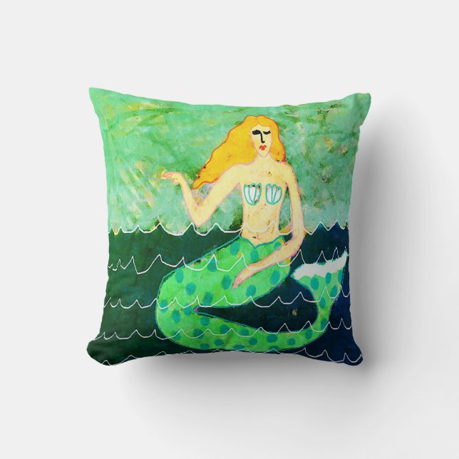 Green Mermaid Abstract Art Throw Pillow (Front)
