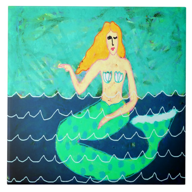 Green Mermaid Abstract Painting  Tile (Front)