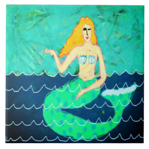 Green Mermaid Abstract Painting Tile