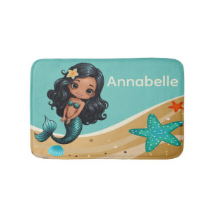 Green Mermaid with Black Hair Personalize Bath Mat