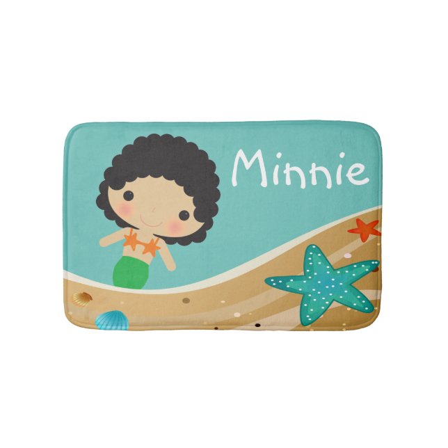 Green Mermaid with Curly Black Hair Personalize Bath Mat (Front)