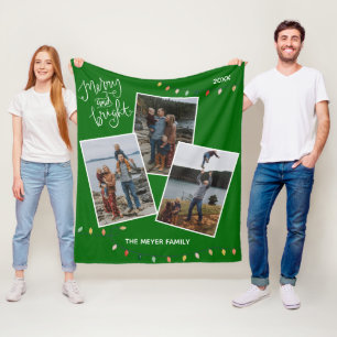 Green Merry and Bright Christmas Lights Photo Fleece Blanket