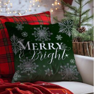 Green Merry and Bright Snowflakes Christmas Throw Pillow