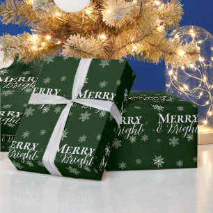 Green Merry and Bright Snowflakes Christmas Wrapping Paper