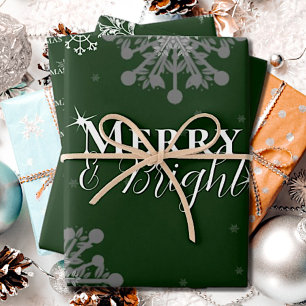 Green Merry and Bright Snowflakes Christmas Wrapping Paper Sheet
