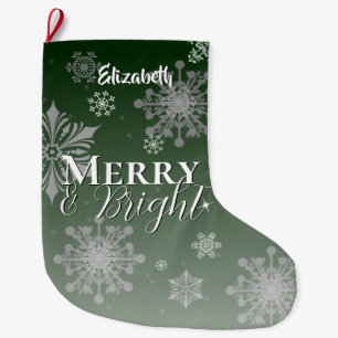 Green Merry and Bright Snowflakes Large Christmas Stocking
