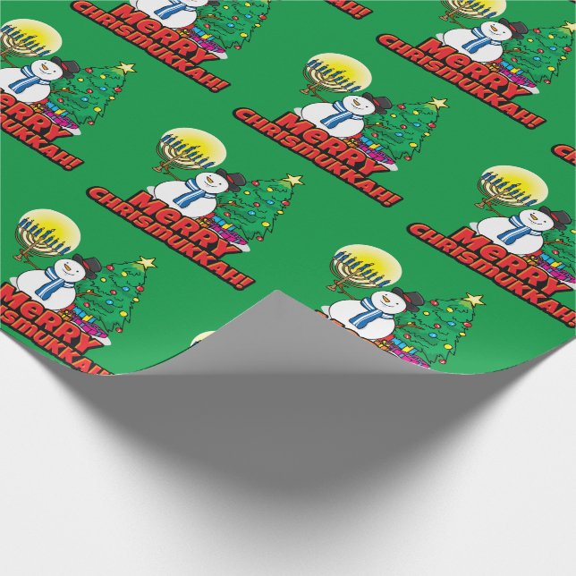 Green "Merry Chrismukkah" with Snowman and Menorah Wrapping Paper (Corner)