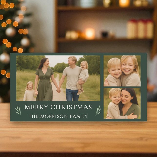 Green Merry Christmas 3 Photo Elegant Botanical  Holiday Card (Creator Uploaded)
