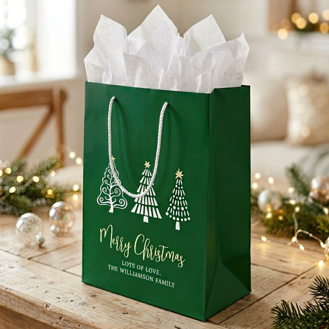 Green Merry Christmas 3 Tree Script Name Whimsical Medium Gift Bag (Creator Uploaded)
