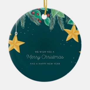 Green Merry Christmas and a Happy New Year Banner Ceramic Ornament
