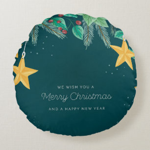 Green Merry Christmas and a Happy New Year Banner Round Pillow