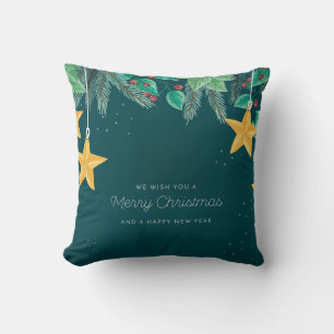 Green Merry Christmas and a Happy New Year Banner Throw Pillow