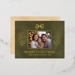 Green Merry Christmas Branches Bow Photo  Foil Holiday Postcard