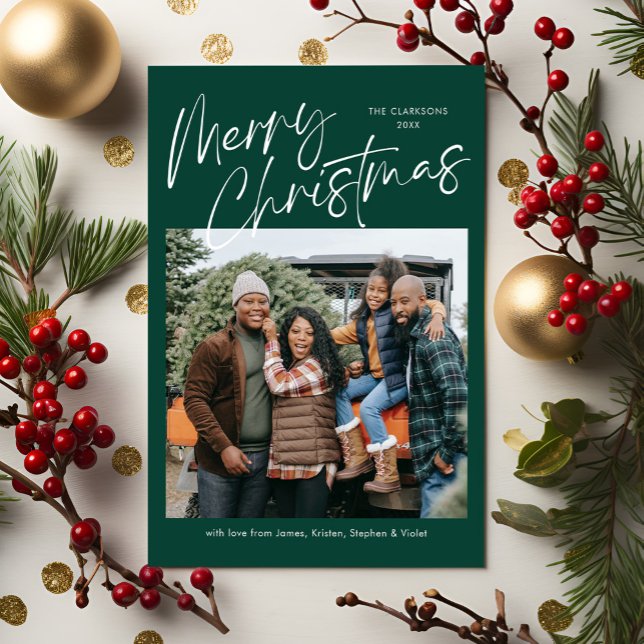 Green Merry Christmas Calligraphy Script 4 Photo Holiday Card (Creator Uploaded)