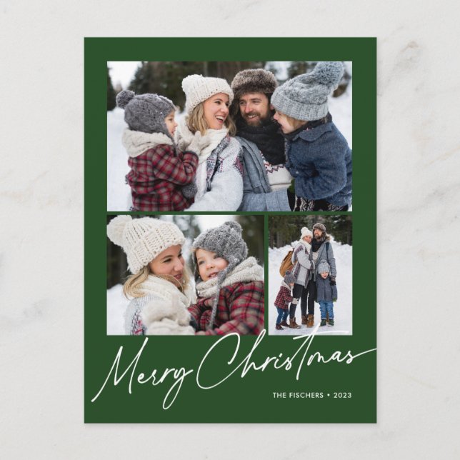 Green Merry Christmas Calligraphy Simple 3 Photo Holiday Postcard (Front)