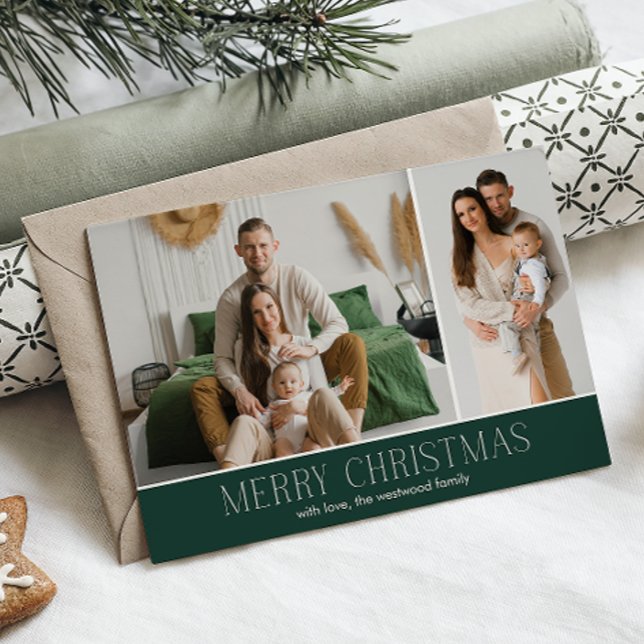 GREEN MERRY Christmas Elegant 2 Photo message Holiday Card (Creator Uploaded)