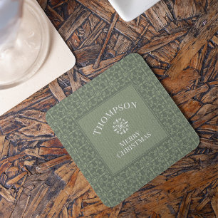 Green Merry Christmas Elegant Snowflake Holiday Square Paper Coaster