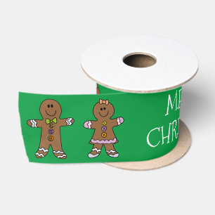 Green Merry Christmas Gingerbread Man Custom Satin Ribbon