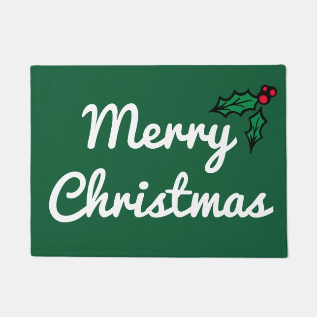 Green Merry Christmas Holly Doormat Rug (Front)