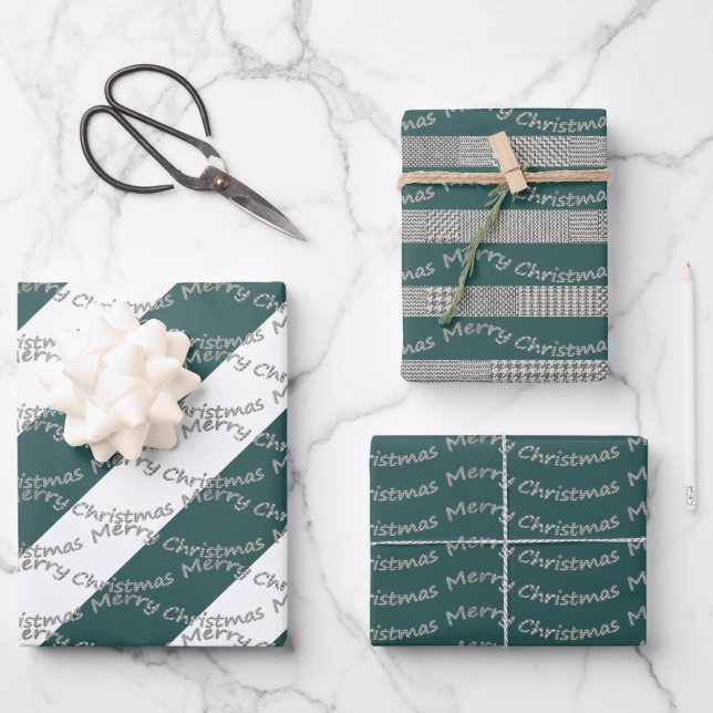 Green Merry Christmas Houndstooth Wrapping Paper Sheet (Front)