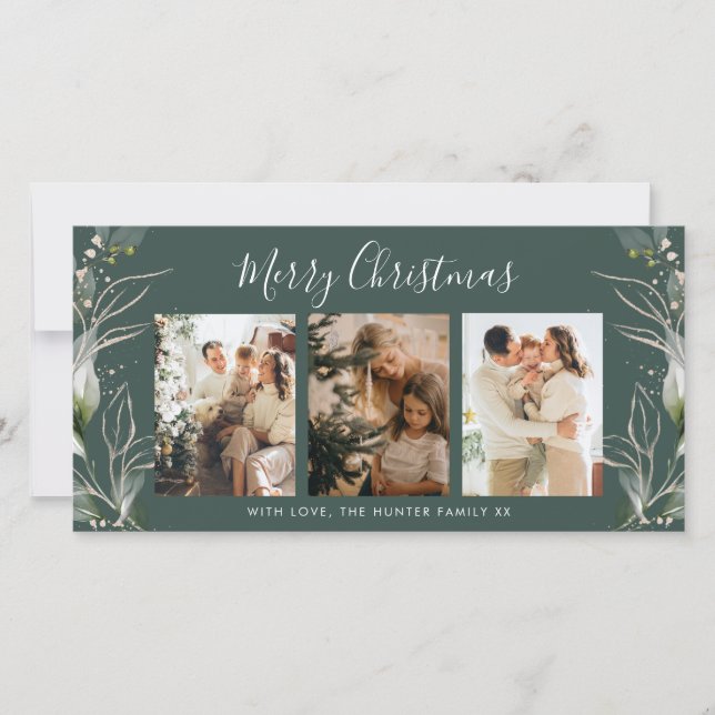 Green Merry Christmas Modern 3 Photo Holiday Card (Front)
