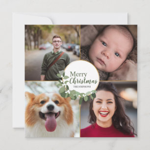 Green Merry Christmas Modern Wreath Photo Holiday Card