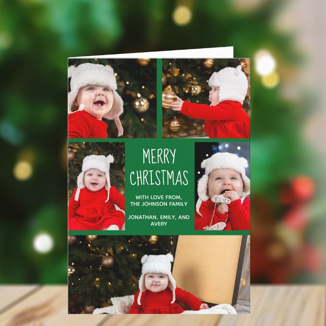 Green Merry Christmas Photo Collage Cute Folded Holiday Card (Creator Uploaded)