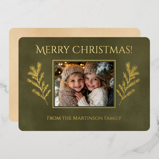 Green Merry Christmas Pine Branches Photo  Foil Holiday Card (Front/Back)