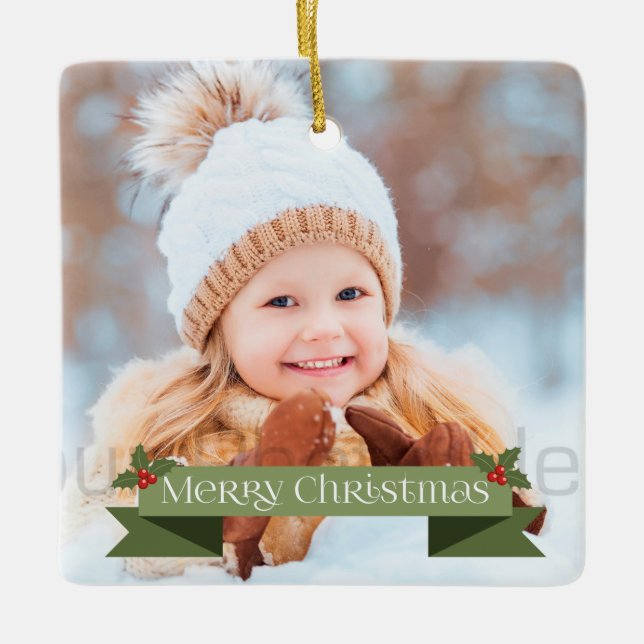 Green Merry Christmas Ribbon Ceramic Ornament (Front)