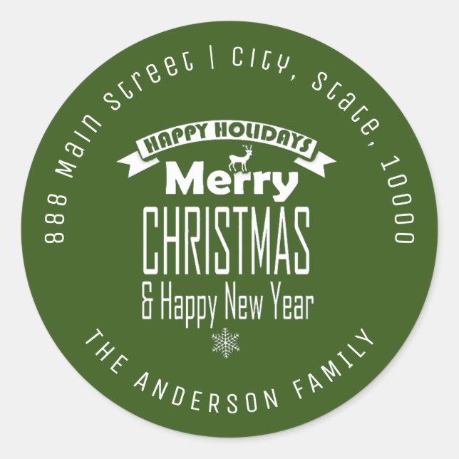 Green Merry Christmas Round Return Address Label (Front)