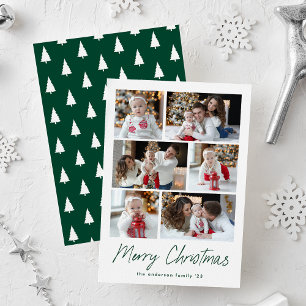 Green Merry Christmas Script 6 Photo Collage Holiday Card