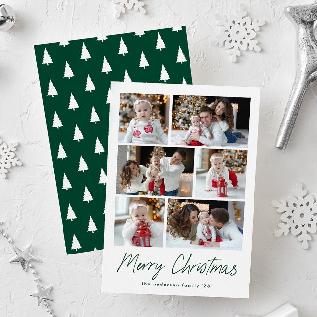 Green Merry Christmas Script 6 Photo Collage Holiday Card (Creator Uploaded)