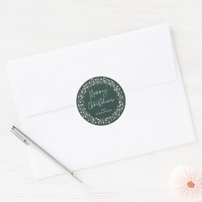 Green Merry Christmas Script Sparkling Lights Classic Round Sticker (Envelope)