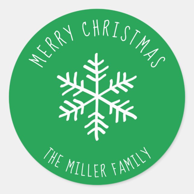 Green Merry Christmas Snowflake Personalized Classic Round Sticker (Front)
