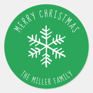 Green Merry Christmas Snowflake Personalized Classic Round Sticker